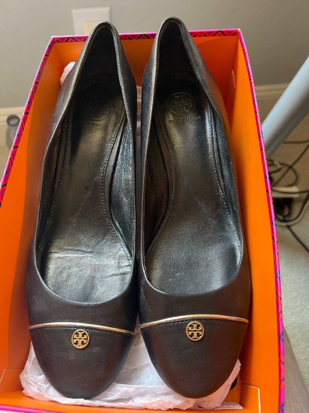 Tory Burch Black Leather Wedge Pumps with Gold Logo- Size 10.5